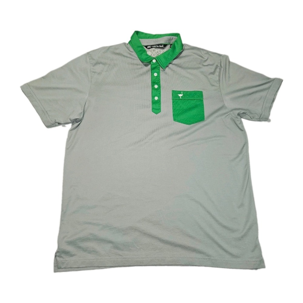 Travis Mathew Chive Golf Mens XL Polo Shirt Gray Green Pocket Ostrich Logo